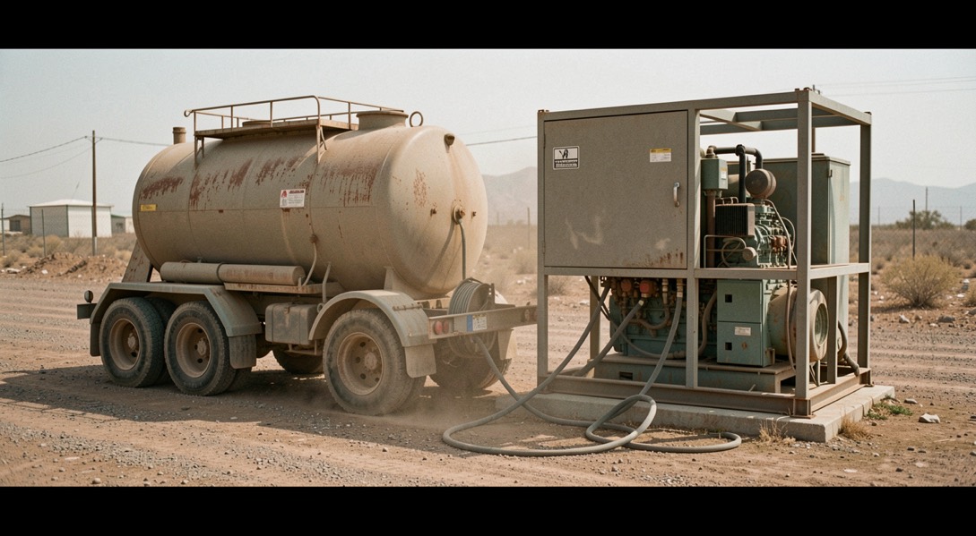 A small trawler alongside a concrete quay at dawn, fuel hose running from a road tanker to a deck fill, open engine-room hatch showing a compact diesel genset, low side light and wet deck planks.