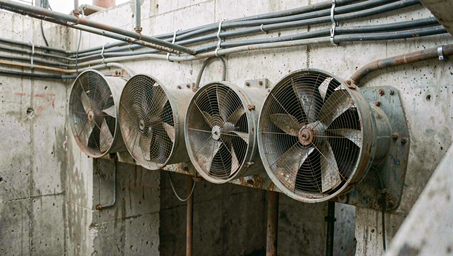 Row of large axial fans in a concrete pit beneath a mill conveyor, mesh guards on the intakes and cable trays running along the wall behind them