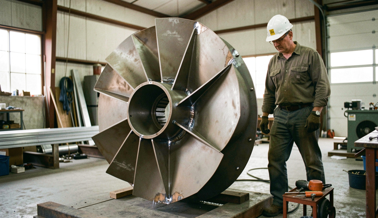 Large backward-curved centrifugal fan impeller standing on a fabrication shop floor, welds visible on the blade roots, a worker beside it for scale wearing a hard hat