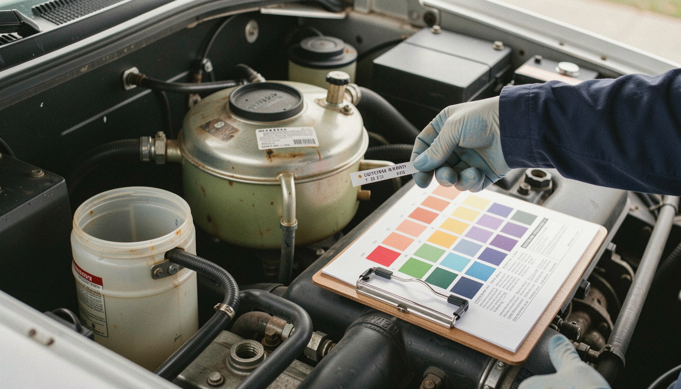 Gloved hand holding a coolant test strip against a colour chart beside an open expansion tank, sample bottle and clipboard on the engine frame