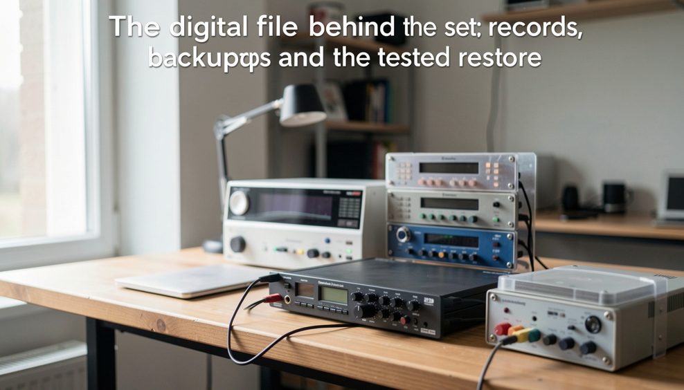 Desk with printed technical notes and a tablet displaying a document index, lamp light, workshop office at night