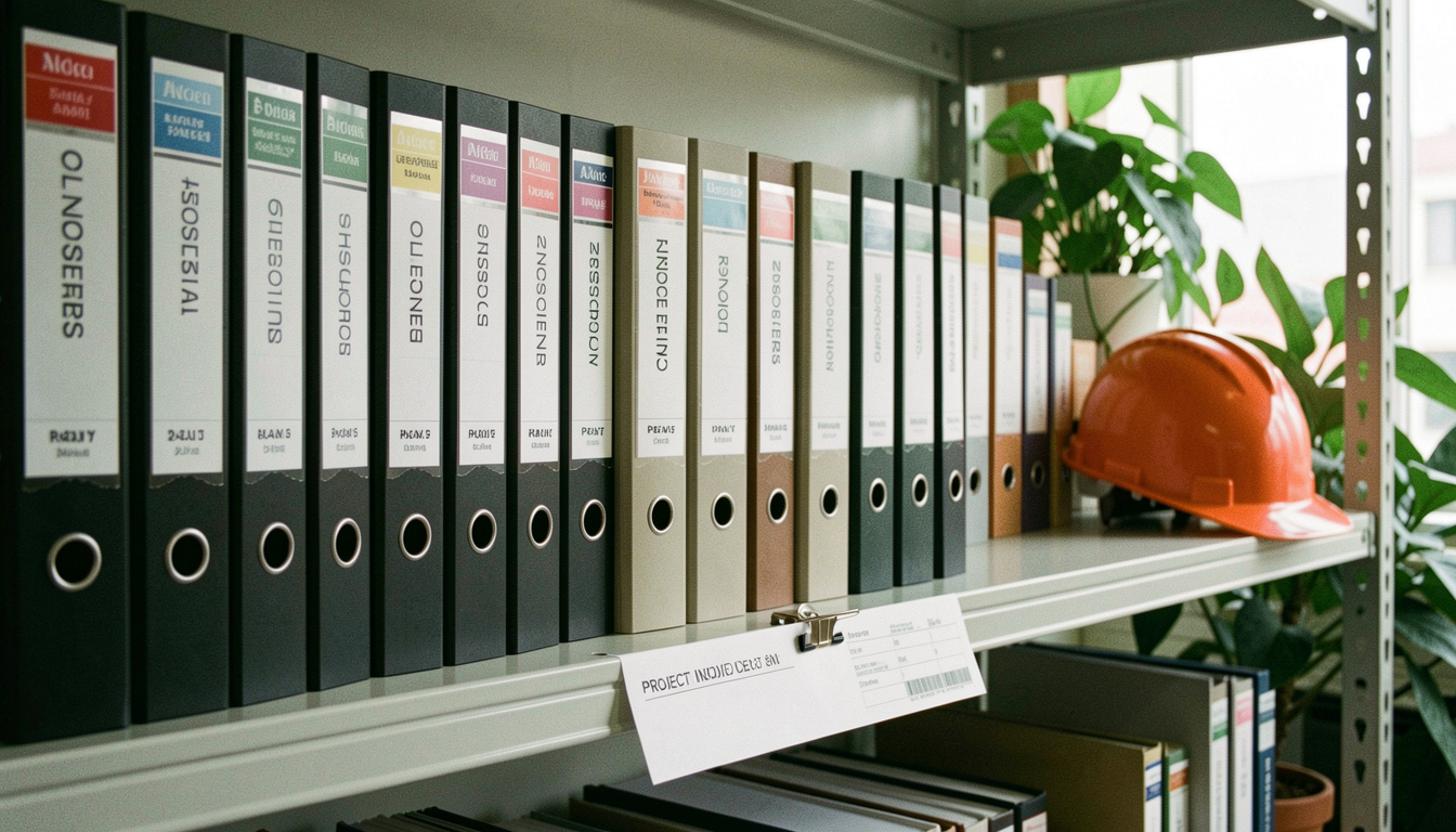 Row of labelled ring binders on a shelf in a plant office with a project index sheet clipped to the front, a hard hat resting on the end of the shelf
