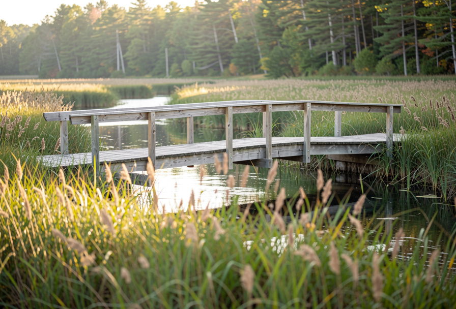 A timber footbridge crossing a cattail marsh channel in New Hampshire, soft morning light, low angle from the marsh edge with sedge meadow in the foreground.