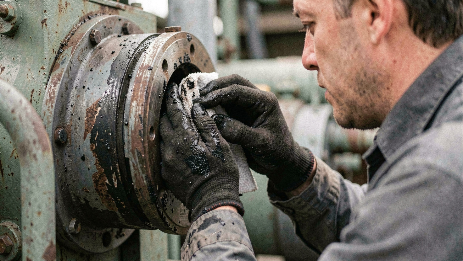 Maintenance technician wiping a gloved finger inside the flange of a generator exhaust silencer, dark oily soot visible on the glove