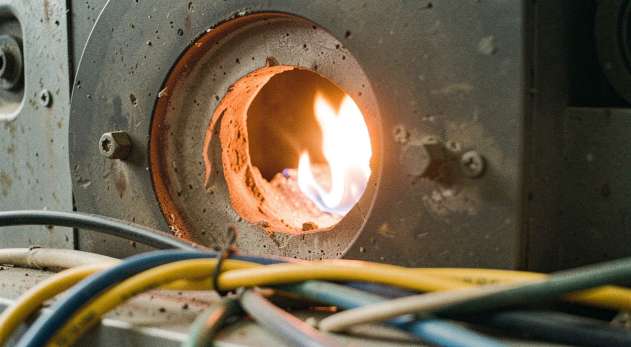 View through a furnace inspection port at a burner flame, refractory glowing orange around the opening, instrument cables in the foreground