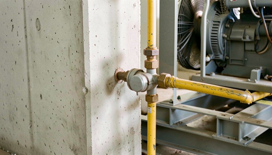 Close view of a plain cast grey gas pressure regulator and a quarter-turn shut-off valve on a yellow-painted supply pipe, fixed to a bare concrete wall beside the steel base frame of a generator set, plant room lighting