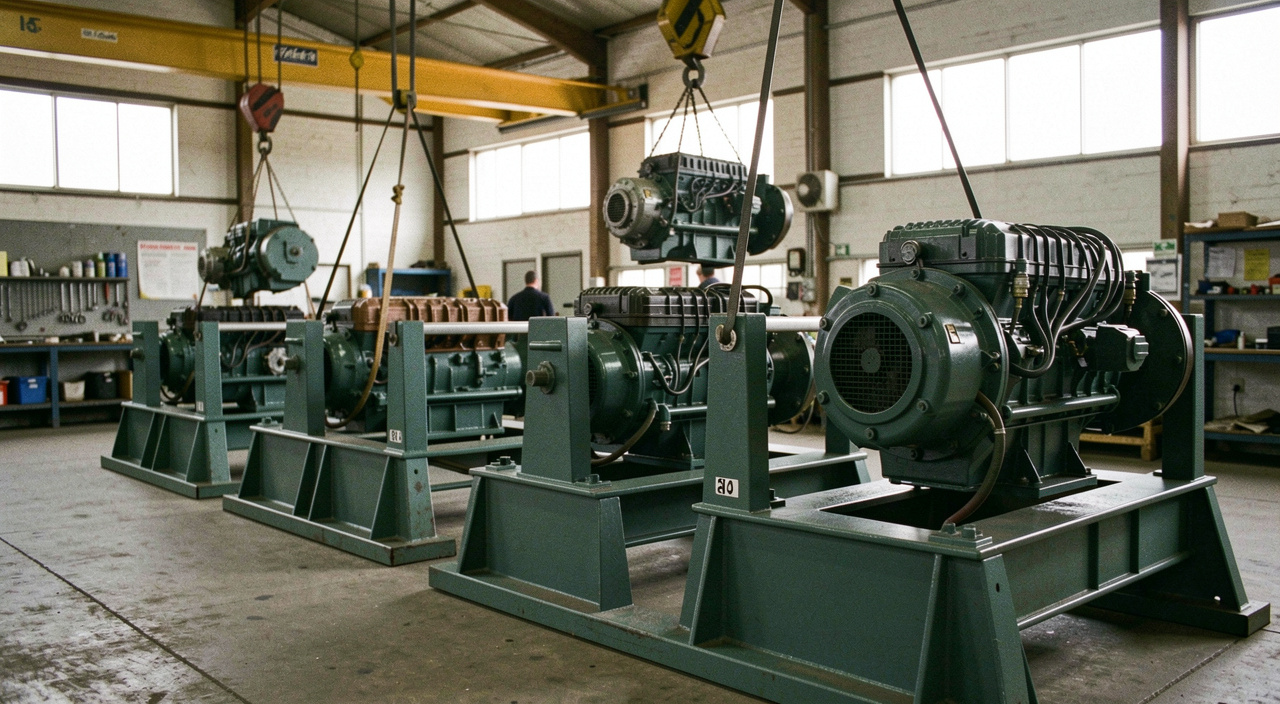 Painted generator base frames lined up in an assembly shop with engines being lowered onto them by an overhead crane