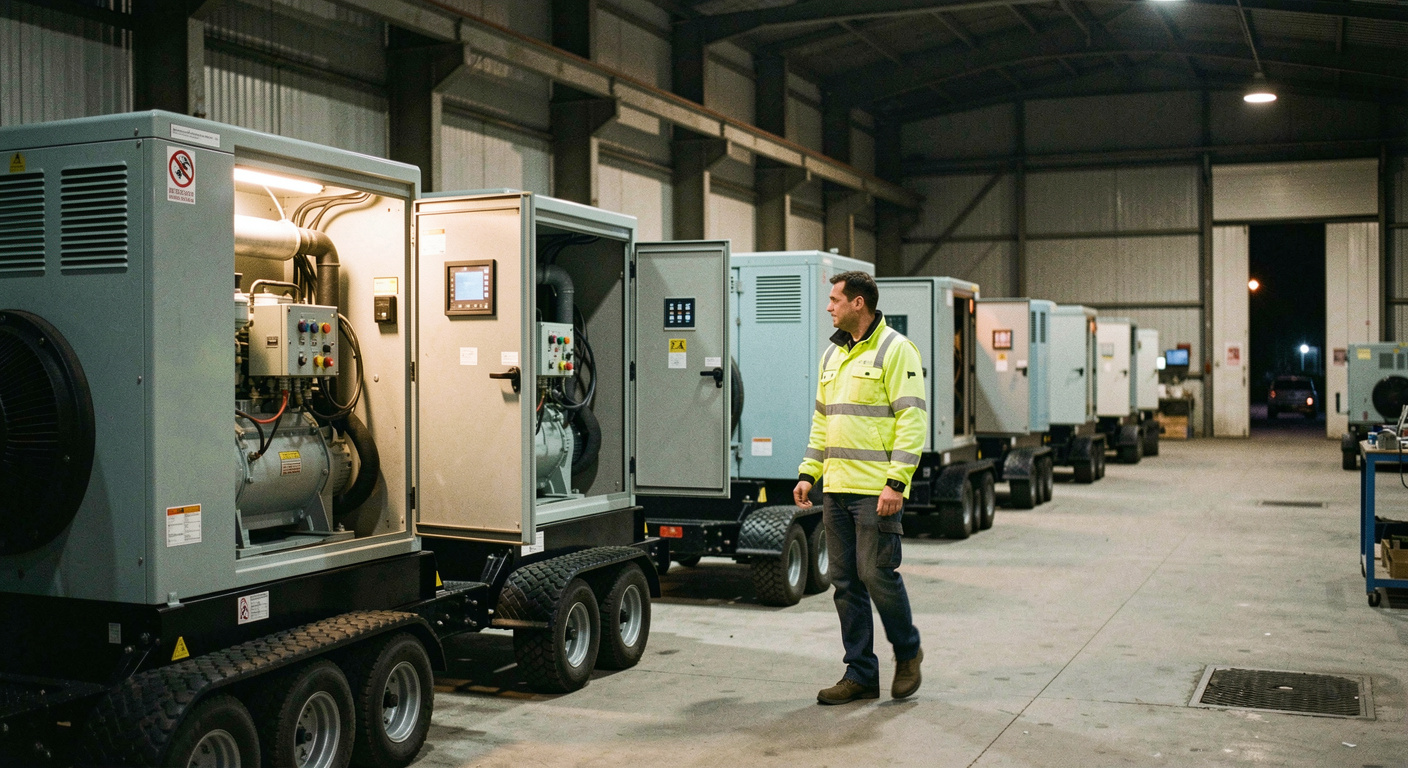 Row of skid-mounted diesel generator sets lined up inside a lit industrial hall at night, a technician in a high-visibility jacket walking between two open control cabinets
