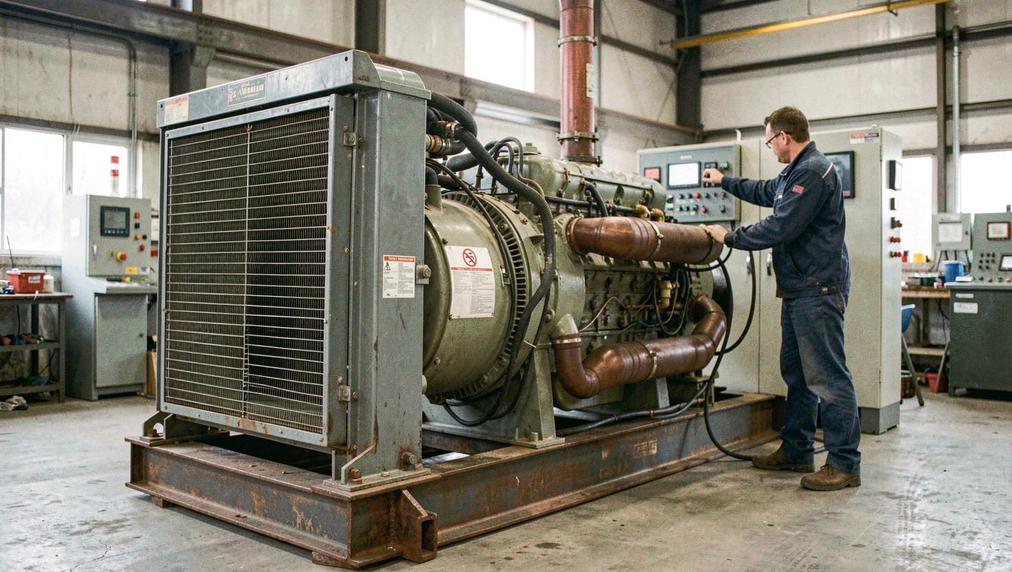Large open diesel generator set on a steel skid inside a factory hall, radiator core and exhaust bellows in the foreground, an operator checking the control cabinet behind it