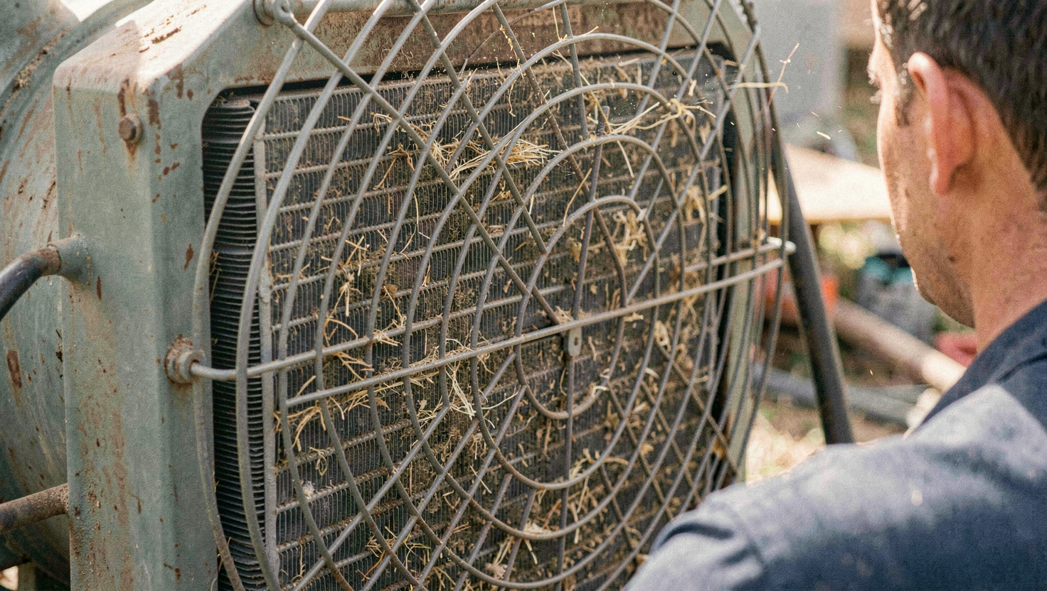 Close view of a generator set radiator core and its wire fan guard, dust and chaff caught in the fins, a service technician's brush resting against the frame