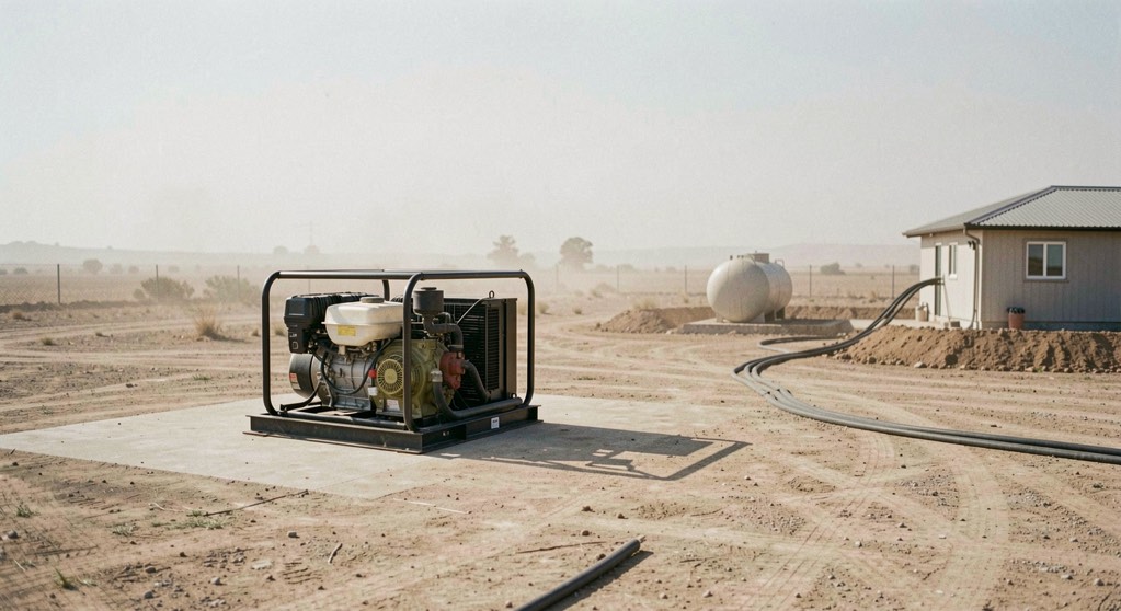 A diesel standby generator set in a fenced compound beside an airfield hangar at dusk, its enclosure lit by apron floodlights, with a de-icing rig parked in the middle distance and a runway edge light visible at frame right.