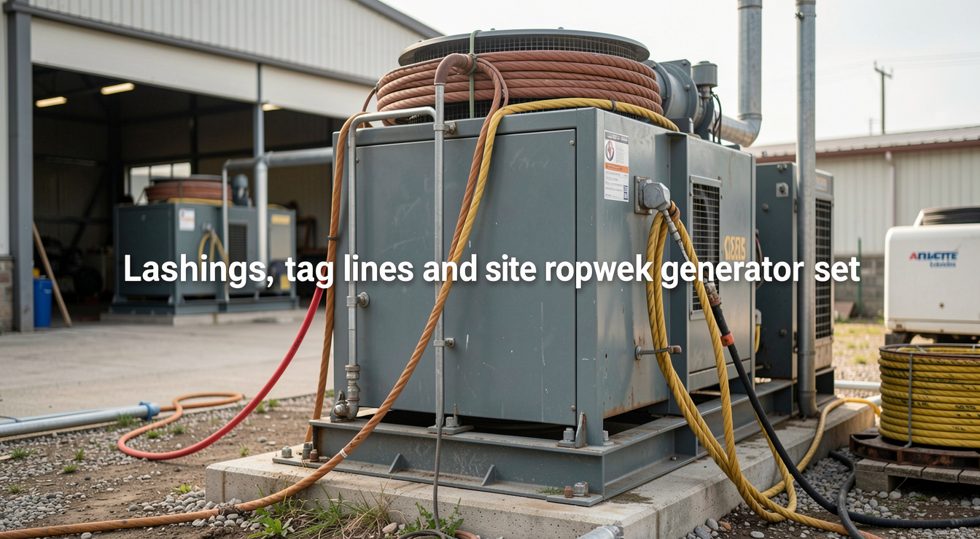 Containerised generator set being loaded at a port, tag lines visible against the lifting frame