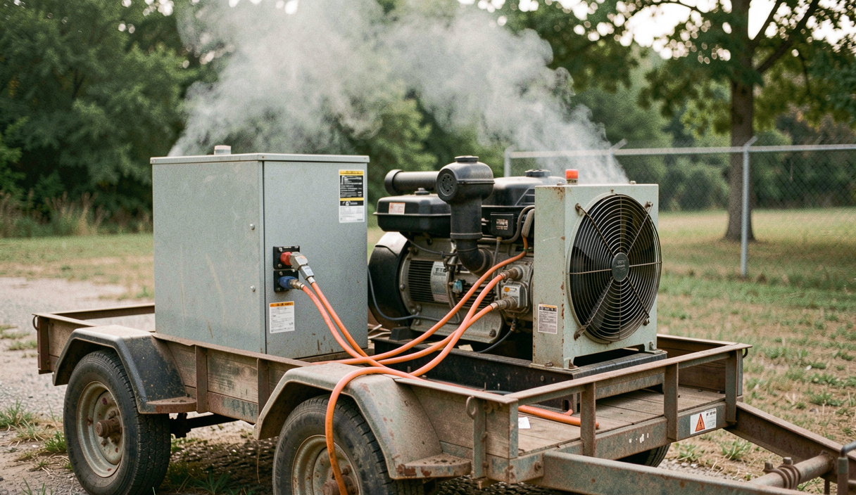 Resistive load bank on a trailer connected by orange cables to a running generator set outdoors, heat shimmer above the fan grille