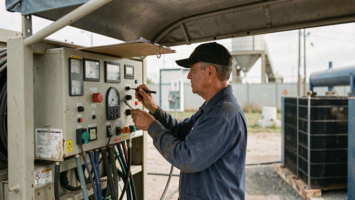 Technician recording readings from a generator control panel during a load test, cables running out of the frame to a load bank, clipboard braced against the canopy