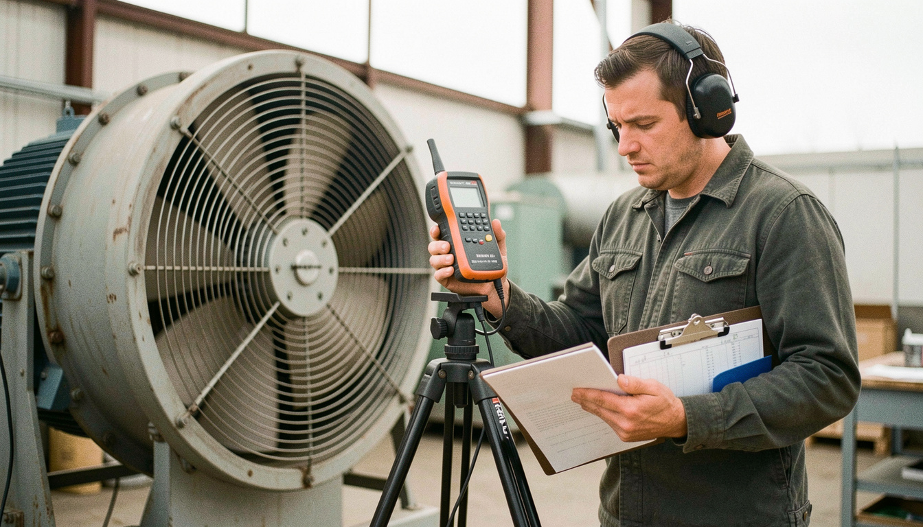 Engineer holding a sound level meter on a tripod one metre from a running industrial fan, ear defenders on, measurement notes clipped to a folder