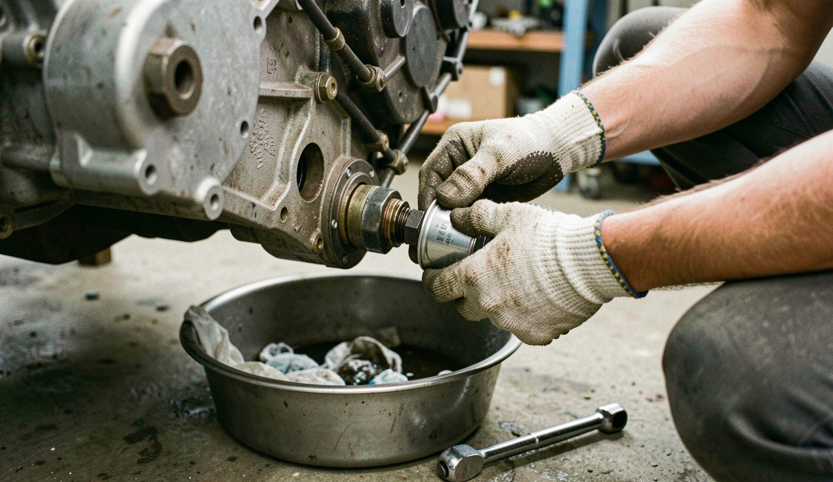Gloved hands unscrewing a spin-on oil filter from a diesel engine block, drain pan and torque wrench on the floor under the sump