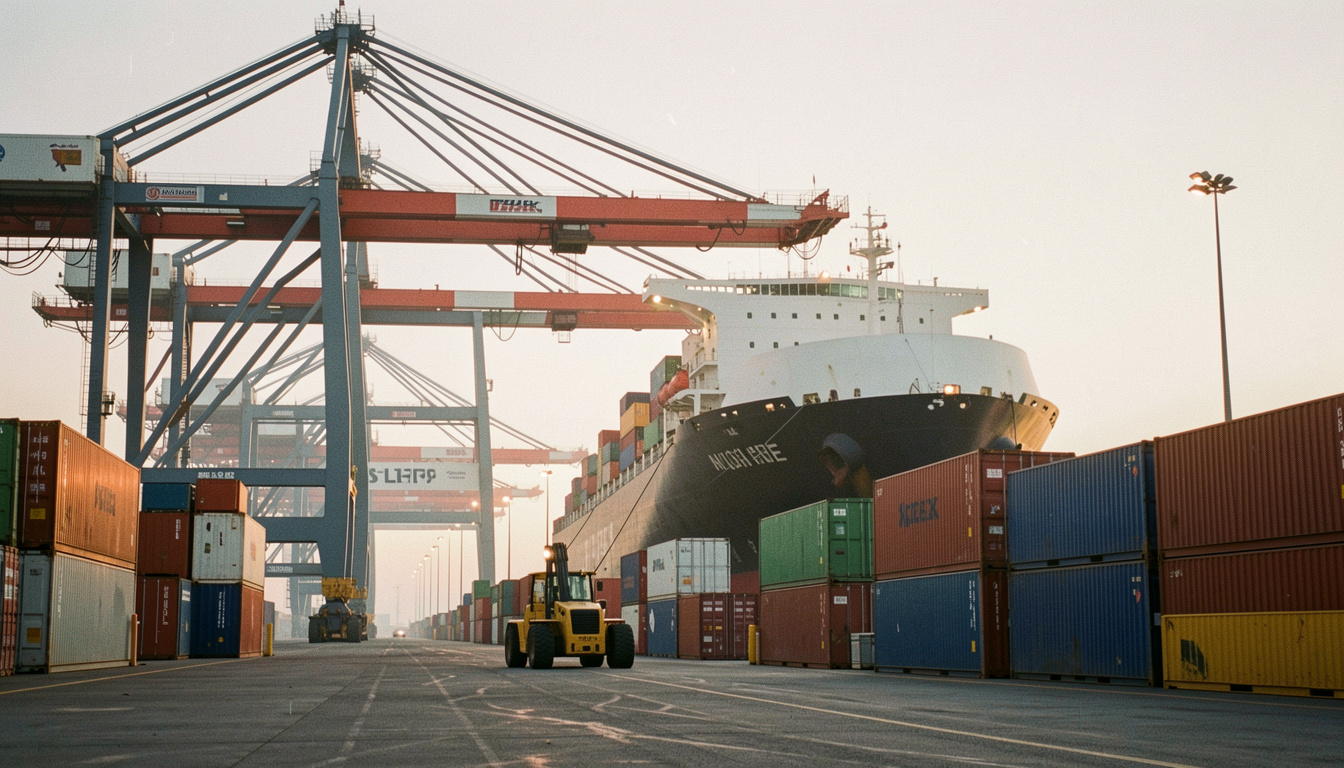 Container terminal with ship-to-shore cranes loading a vessel at dawn, stacked containers in rows and a straddle carrier moving between them