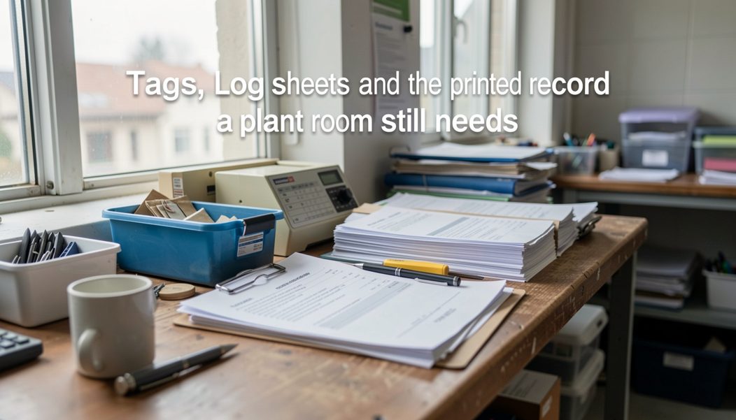 Shelf of ring binders with printed index labels in a plant office, one binder open at a service schedule