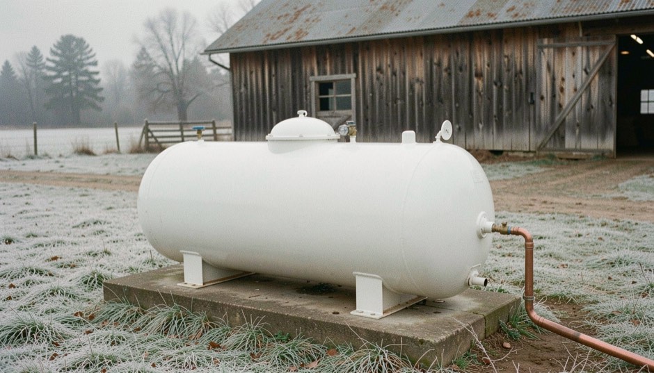 Horizontal white propane tank on a concrete pad in a frosted field behind a timber barn, a domed valve cover on top and a copper pipe leaving the tank toward the ground, overcast winter light