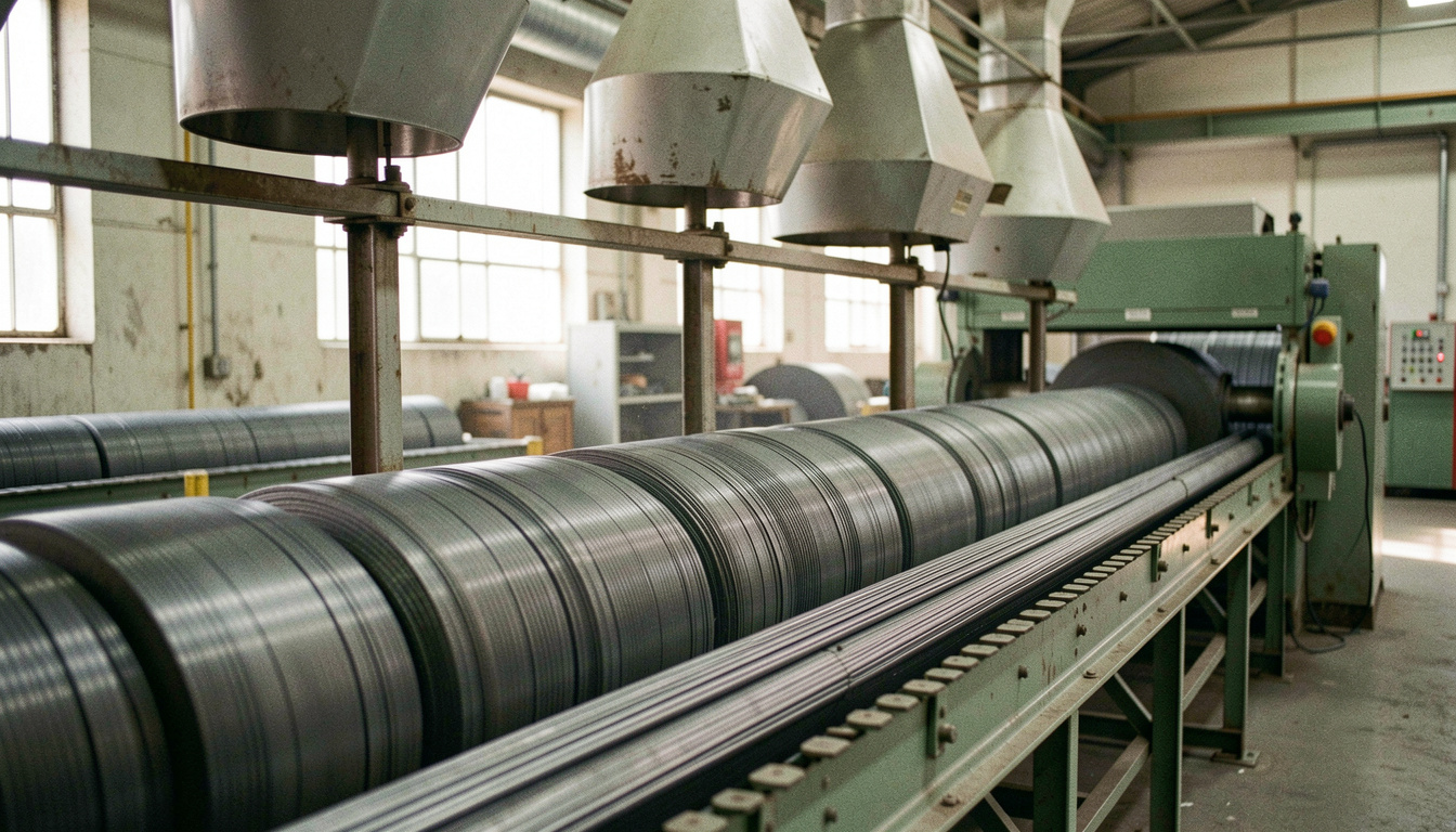 Wire rod rings travelling on a cooling conveyor in a rolling mill, extraction hoods above and the laying head visible at the far end