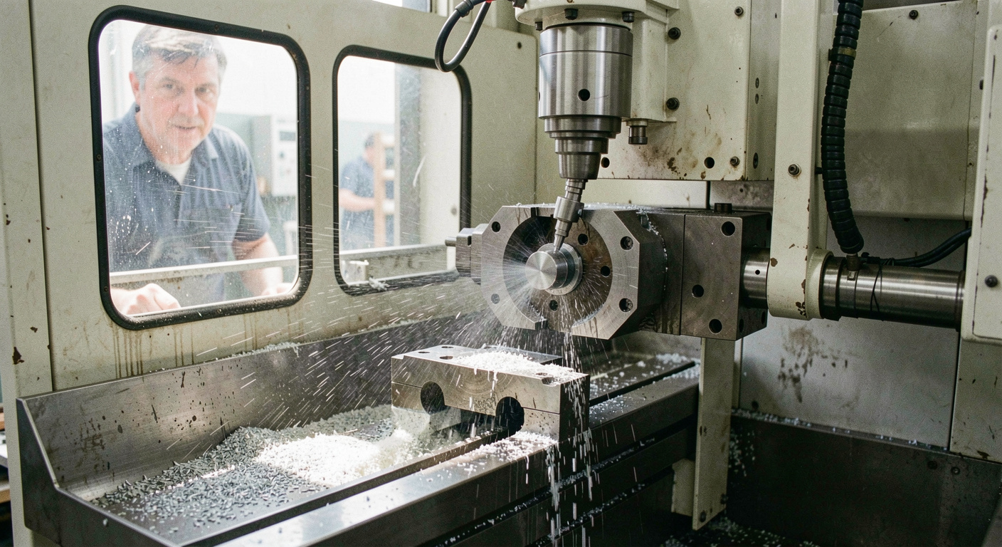 Cylinder block on a horizontal machining centre with coolant spray on the cutter, swarf collecting in the tray and an operator watching through the guard window