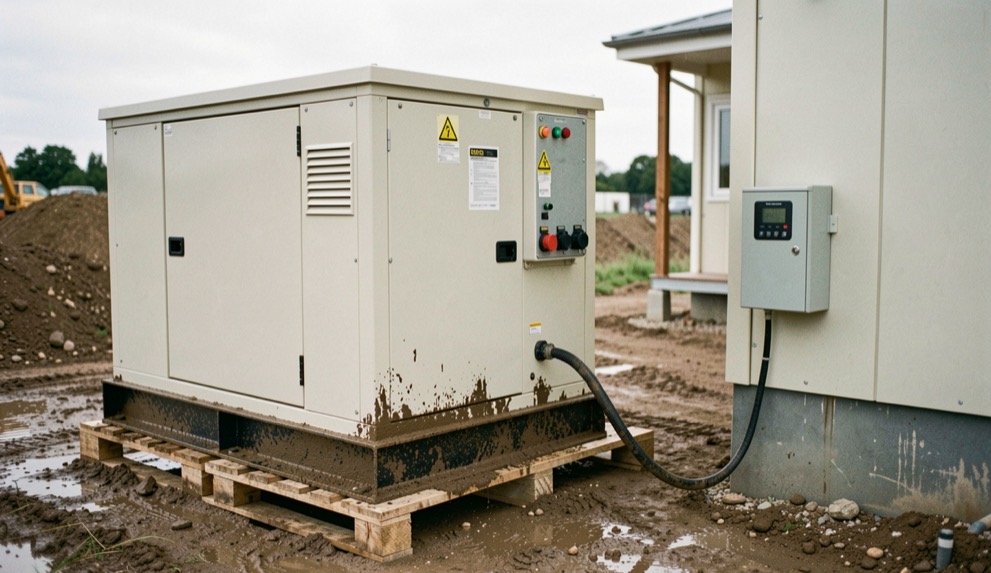 A small workshop at night with a compact diesel generator set in a canopy outside the roller door, cable running to a wall-mounted changeover switch, hand tools on the bench inside, lit by one strip light.