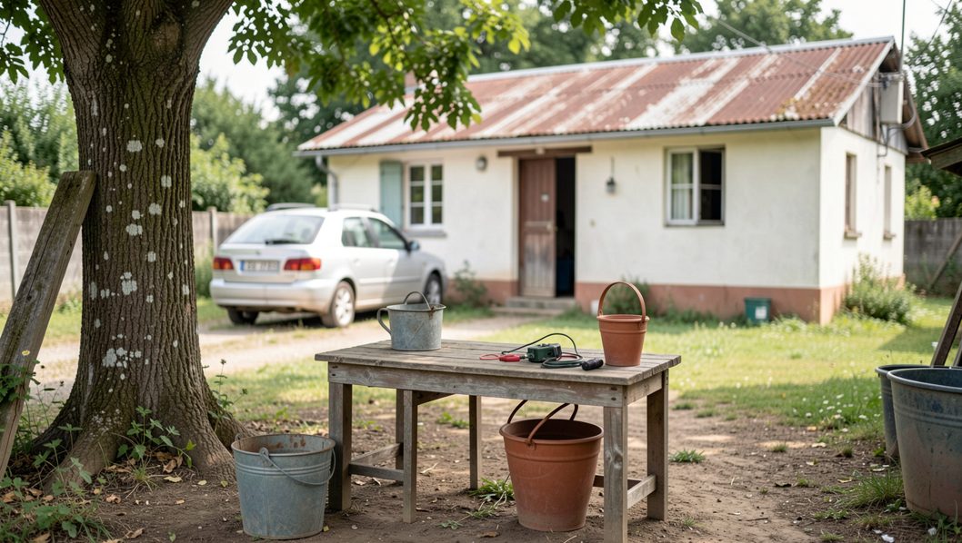 Small diesel standby set on a concrete pad beside a timber-clad rural house, autumn light, conduit run visible to the meter box