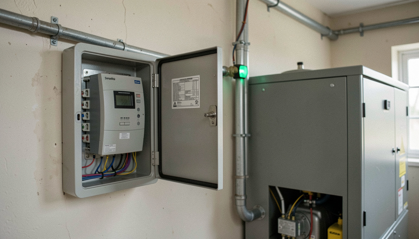 Wall-mounted automatic transfer switch panel with its door open beside an enclosed generator set, control wiring in a trunking run and a status lamp lit green