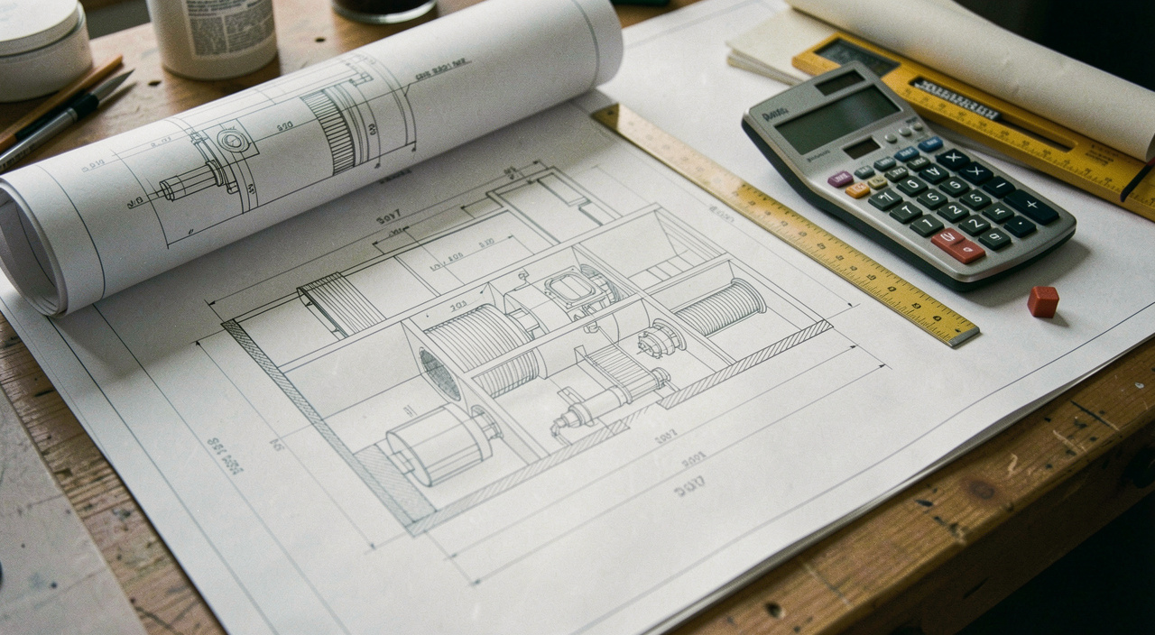 Rolled and flattened technical drawings of a generator room on a drafting desk, scale rule and calculator on top of a dimensioned layout