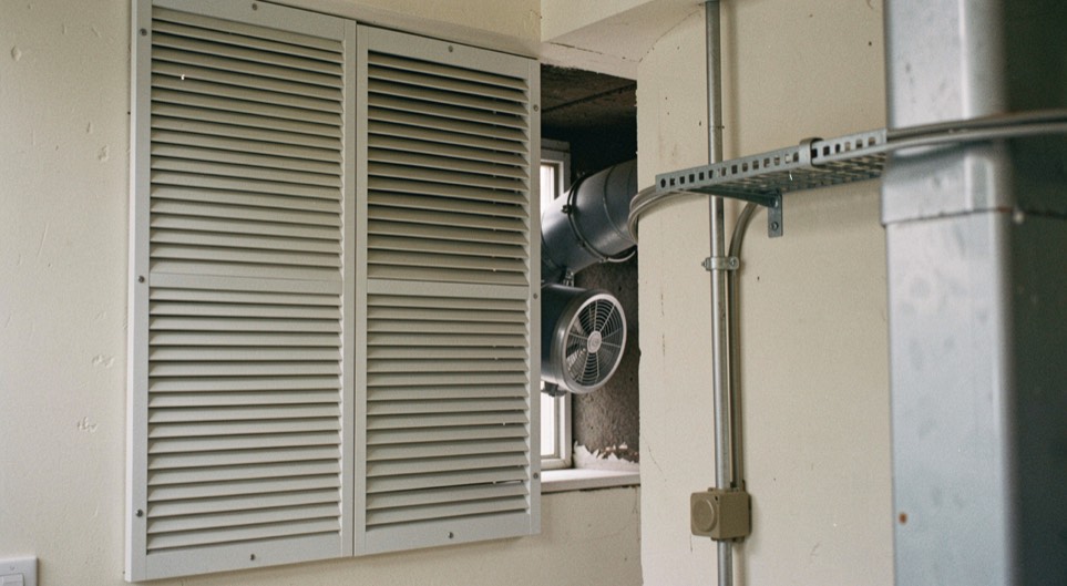 A coated fabric sound hood panel laid flat on a workshop bench beside a cut sample of pleated filter media, gloved hands lifting one corner, overhead industrial light.