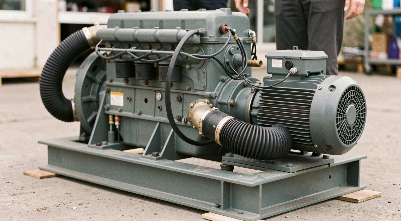 Inline six-cylinder diesel engine coupled to a brushless alternator on a painted steel base frame, anti-vibration mounts and flexible exhaust bellows visible from the side