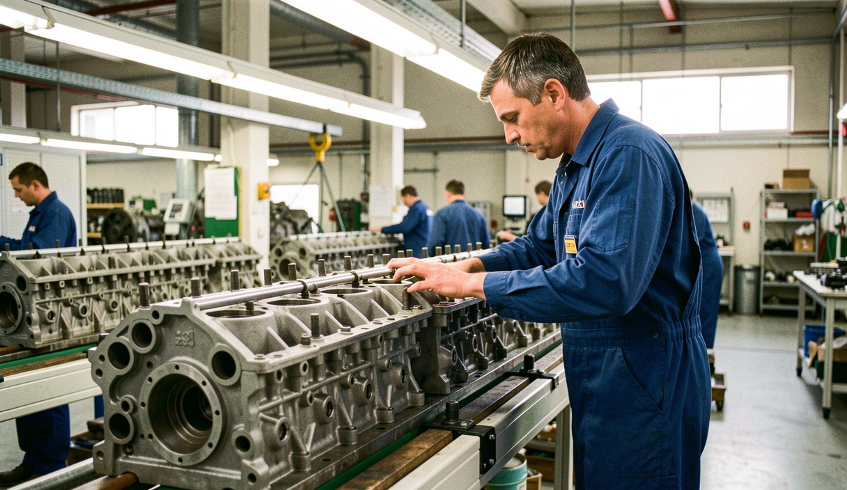 Row of six-cylinder diesel engine blocks on a moving assembly line, an operator in blue overalls fitting a cylinder head under bright overhead lighting